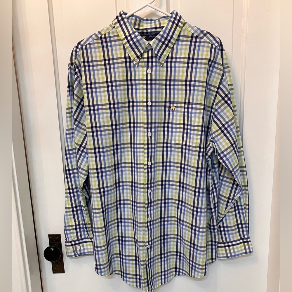 Jack Nicklaus Bear Logo LS Green Blue Plaid Button-Down Shirt XL